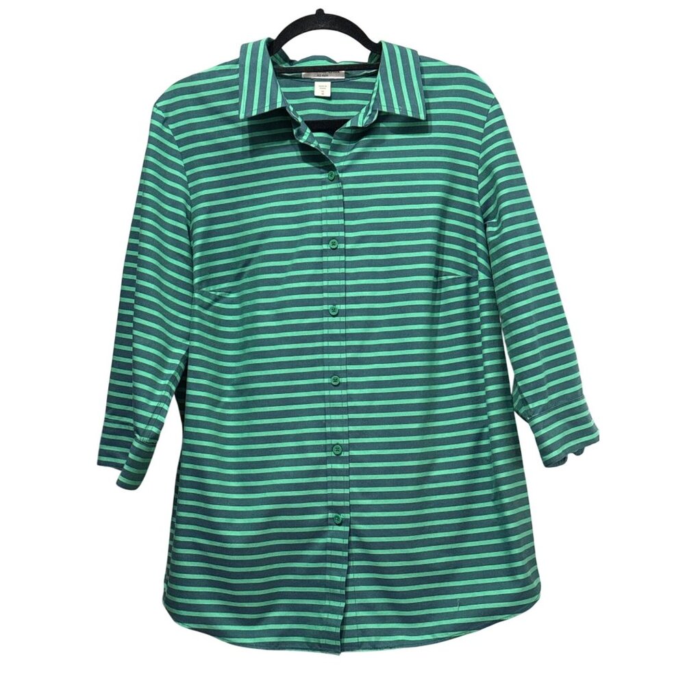 Coldwater Creek Womens 1X Green & Navy Striped Button Front Shirt 3/4 Sleeve